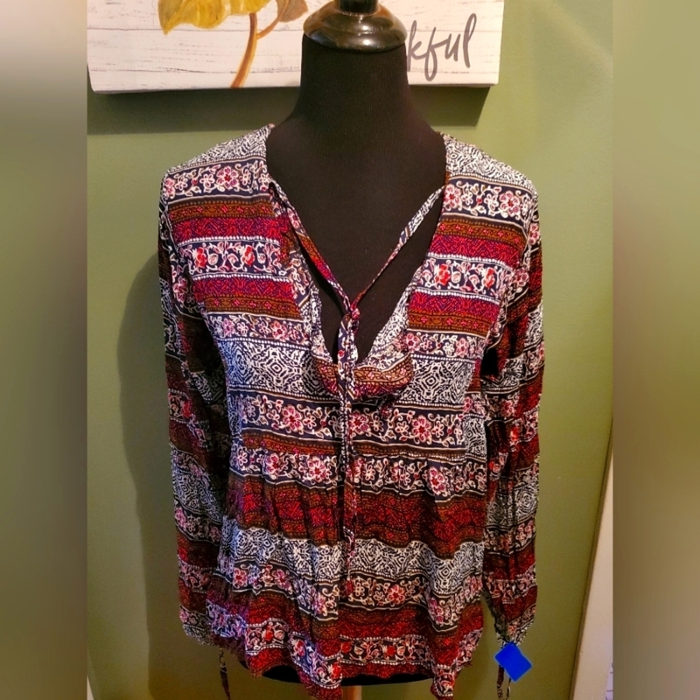Threadzwear Boho Flowy Peasant Top XL Purple/Tan Paisley Print Hippie Gypsy